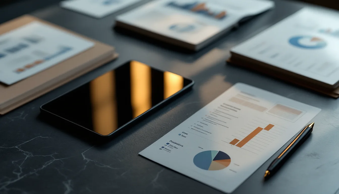 Organized reports and case files on a dark desk